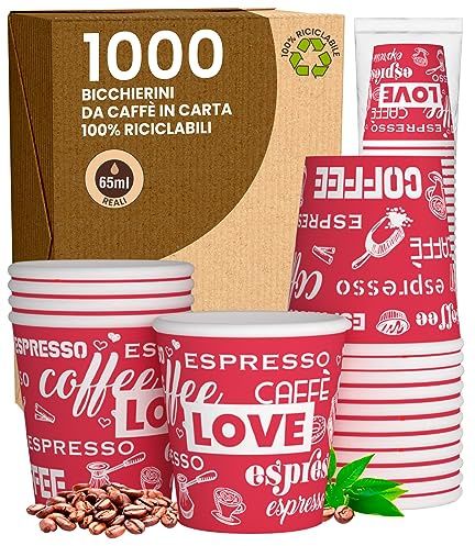 1000 Bicchierini in Carta da Caffè 65ml LoveRedCUP Bicchieri Ecologici Biodegradabili Monouso Piccoli Asporto Bevande Calde