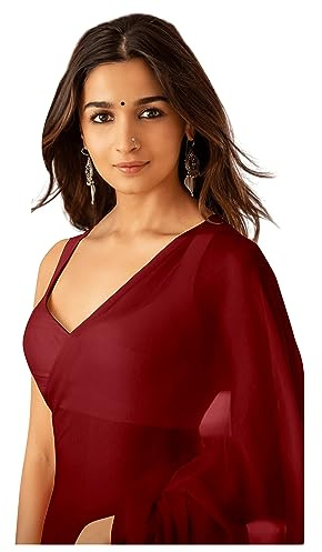 Sidhidata Dam enkel ren Georgette sari med osydd blusstycke (Rocky Aur Rani Ki Prem Kahani Alia Bhatt Saree), Rödbrun, One Size