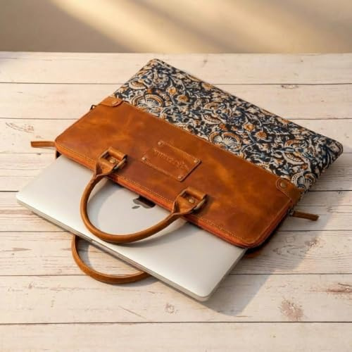 ZAARIYA Handcrafted Laptop Bag/Sleeve/Case for Women | Made From Leather With Handblock Fabric - Ideal For 13 Inch Devices