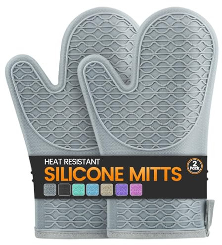 Silicone Oven Mitts, Heat Resistant 2PCS Oven Mitts with Soft Cotton Lining, Waterproof Non-Slip Grip Oven Glove, Kitchen Potholder Mits for BBQ, Baking, Cooking, 12.5 Inch - Grey