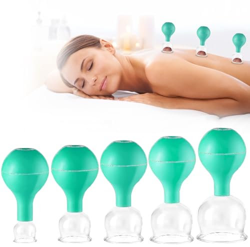 5 Pezzi Coppette in Vetro per Massaggio, Coppettazione in Vetro, Set Terapia per Cupping Therapy Massaggio Viso, Potente Potenza di Aspirazione, con Sfera di Aspirazione per Viso e Corpo (Verde)