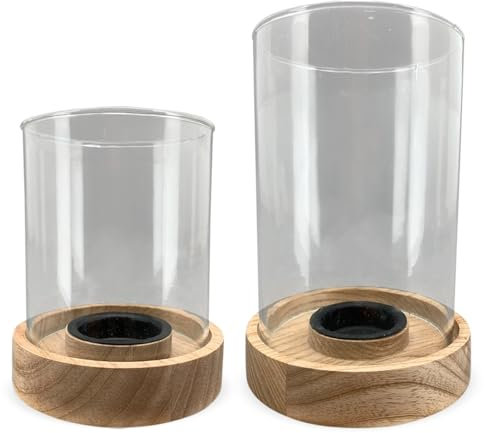 Windlichter Holz Glas Teelichthalter Landhaus Küche Wohnzimmer Deko - Kerzenhalter Hygge für Teelichter Kerzen in braun Tischdeko - Kerzengläser Lichthäuser Set Vintage Teelichtgläser für innen