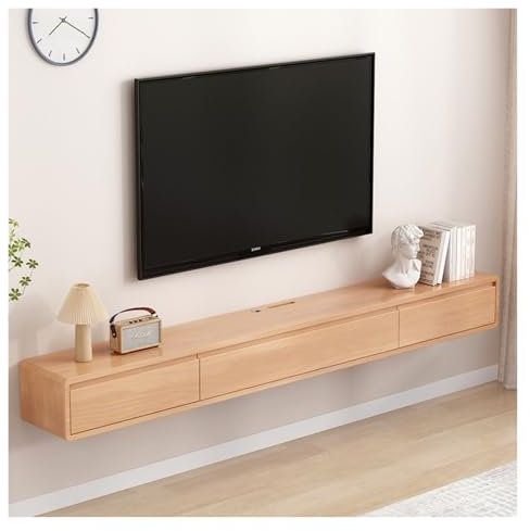 Btsunotr TV Schrank hängend Holz, tv lowboard hängend für Wohnzimmer,TV Lowboard modern schwebendes an der Wand mit 3 Schubladen, Massivholz, Eiche TV-Ständer，TV-Ständer geeigne(A,140 * 20 * 24cm)