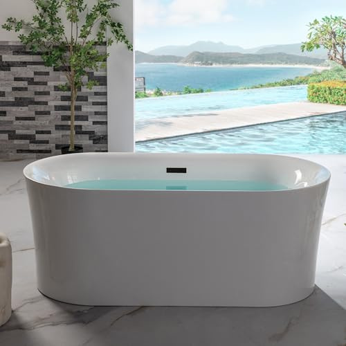 WOODBRIDGE 59 Acrylic Freestanding Bathtub Contemporary Soaking Tub with Matte Black Overflow and Drain,White Tub,B0058-MB
