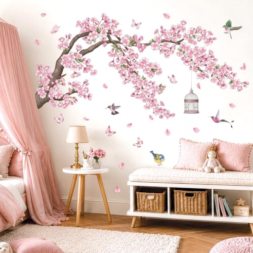 DECOWALL Stickers Muraux Fleurs de Cerisier Oiseaux (SG2-2426) | Branche fleurie rose avec oiseaux, papillons et cage, amovible et facile à poser pour chambre bébé, fille ou salon