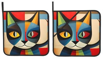 Moderne Kunst Katze Quadratisch Isolierte Topflappen (2er Set) Hitzebeständige Ofenhandschuhe Rutschfest Leicht Zu Reinigen Mikrowellenhandschuhe Zum Backen und Grillen