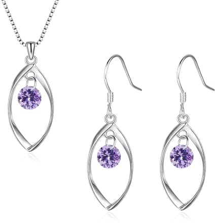 Estrellique 925 Sterling Silber Schmuckset für Damen, Silber Twist Halskette & Ohrringe Anhänger Schmuckset, 925 Silber Schmuckset mit Lila Zirkonia, Schmuckset Geschenkebox für Frauen zum Geburtstag