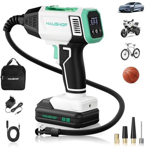 HAUSHOF Compressore Aria Portatile, Mini Compressore a Batteria con 2000 mAh, 4 Modi Intelligenti + Manuale, Display Digitale e Spegnimento Automatico per Pneumatici Auto, Moto, Bici e Palloni