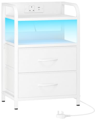 HOOBRO Bedside Table, Nightstand with Charging Station and LED Lights, Side Table with 2 Drawers and 2 Open Shelves, Metal Frame, for Living Room, Bedroom, Study, White EWT021KDBZ01