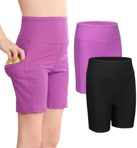 VilyR Paquete de 2 pantalones cortos de ciclismo de cintura alta de 5 pulgadas con bolsillos para niñas de 5 a 12 años, Negro y morado, 140