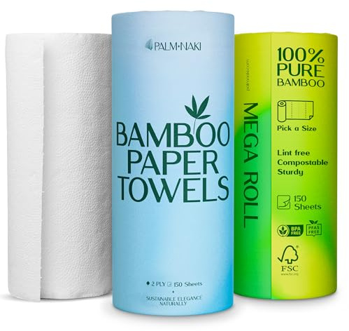 100% Bamboo Paper Towels | Lint-Free Polishing & Cleaning | 2-Ply, 150 Sheets/Roll – 3 Rolls | Tree-Free, BPA/PFAS-Free, FSC Certified, Compostable | PALM NAKI
