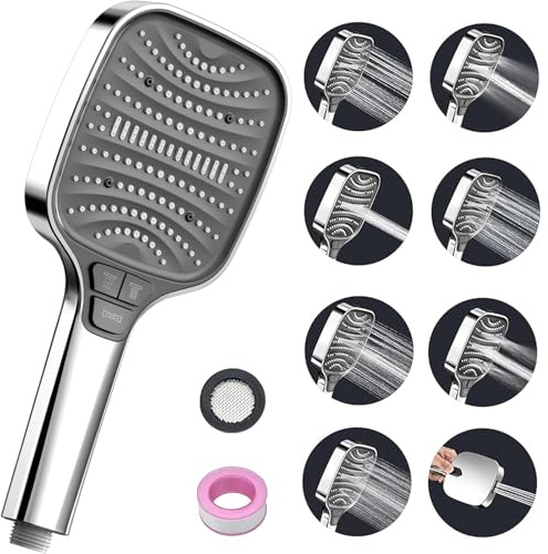 Shower Head High Pressure Shower Heads – Square Handheld Showerhead with 8 Spray Modes, Powerful Large Pressure Boosting Shower Heads for Bathroom Fixtures – Bath Shower Attachment, Chrome Silver