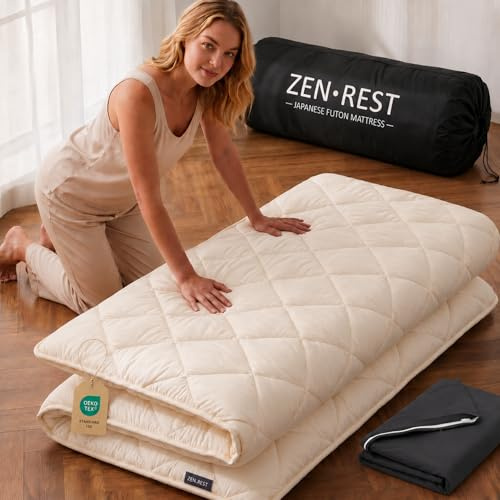 Zen.Rest 7 Layer Memory Foam Japanese Futon Mattress with Portable Storage Bag, Foldable Roll Up, Thick Tatami Mat,Floor Lounger Bed, Floor Mattress Guest Sleeping Pad (Twin)