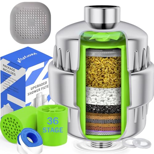VeoryFly 36 Stage High Output Shower Filter with 2 Light Green Cartridges | Removes 99% of Chlorine, Heavy Metals and Sediments, Relieves Dryness of Hair and Skin, Fit for Most Shower Heads