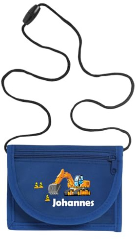 minimutz Geldbörse Kinder personalisiert, Kindergeldbeutel mit Name, Brustbeutel Bagger Jungen (Royalblau)