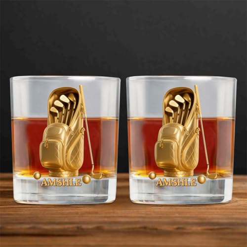 Wasetell Bicchiere da whisky personalizzato per golfista con nome, effetto 3D, tazza di vetro per whisky e golf, per amanti del golf, bicchieri da golf, regali per la festa del papà, compleanno