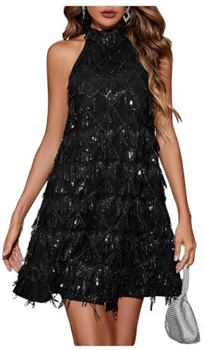 OYOANGLE Women's Sequin Sparkly Cocktail Party Dress Glitter Sleeveless Halter Mini Dress Outfits Clubwear Black M