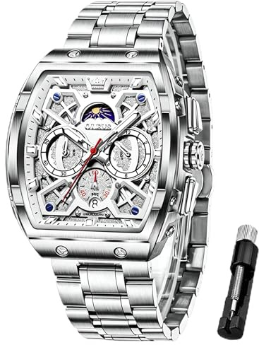 OLEVS Silver Mens Watches Luxury Analog Waterproof Stainless Steel Watches for Men Chronograph Moon Phase Large Face Classic Date Rectangle Fancy Cool Mens Wrist Watch Reloj para Hombre
