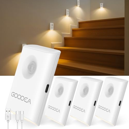 GOODEA 4 Stück magnetische Nachtlicht mit Bewegungsmelder, wiederaufladbar | Dimmbar Warmweiß, USB-C Akku Bewegungsmelder Licht, Tragbares Mini LED-Nachtlampe für Treppe, Badezimmer, Flur, Schlafzimmer
