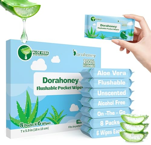 Dorahoney Travel Flushable Wet Wipes Mini, 99% Water with Aloe Vera, Unscented & Hypoallergenic for Sensitive Skin, Pocket Wipes Travel Essentials for Adults, Kids & Baby care, 8 Pack (48 Wipes Total)