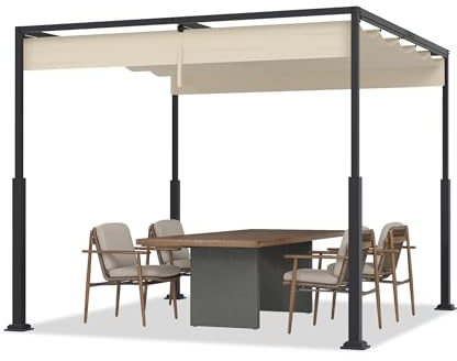 YUENFONG Terrasspaviljong 3 x 3 m pergola med justerbart tak, robust metallram, UV-resistent och vattentät utomhuspaviljong för trädgård, uteplats och terrass, beige