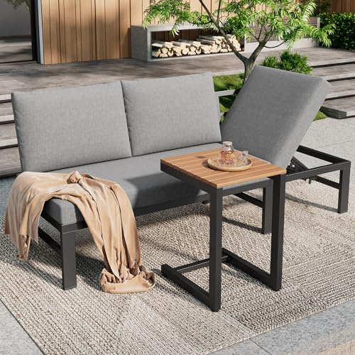 YSMerax Gartenmöbel-Set, Outdoorsofa, 3-Sitzer-Sofa, mit Verstellbarer Neigungsfunktion, mit Tisch, verzinktes Stahlrohr, Tischplatte aus Kunststoff-Holz (Grau)