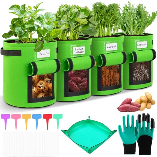 TEGOVE 4 piezas de 40L Bolsa de cultivo para patatas de 10 galones, bolsa de patatas para plantar con ventana, bolsas de cultivo para patatas, bolsas de cultivo de jardín, bolsas de cultivo para
