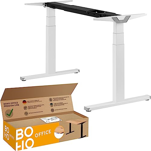 boho office® Premium Line Schreibtisch Gestell elektrisch höhenverstellbar | Weiß, Wippschalter - Made in Germany, Kollisionsschutz, stufenlos, 2 laufruhige Motoren, 3-Fach Teleskop
