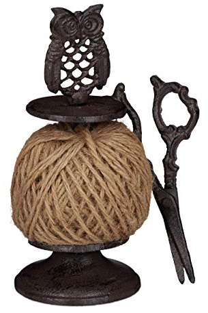 Relaxdays Twine Roll Holder Owl, Cast Iron, String Dispenser With Scissors & Twine, Garden, Kitchen, Dark-brown