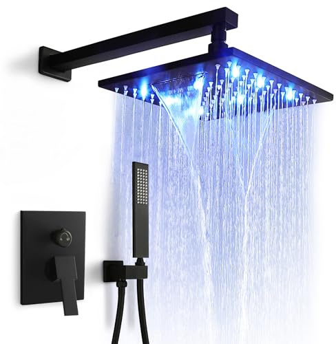 SKOWLL Shower Head Kits Complete with Valve, Wall Mount LED 10 Inch Waterfall Showerheads Include Shower Handheld, Matte Black Shower Set System