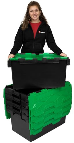 Plastor Pack of 5 - Large Plastic 80 Litre Heavy Duty Storage Boxes (71 x 46 x 36.8cm) Black and Green LC3 Crates with Attached Hinged Lids