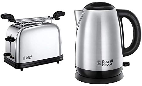 Russell Hobbs 23310-57 Tostapane Victory, 2 Fessure, con Pinze, 1200 W, Acciaio Inossidabile, Grigio/Nero & Adventure Bollitore, 2400 W, 7 Tazze, Plastica, Acciaio Inossidabile, Acciaio