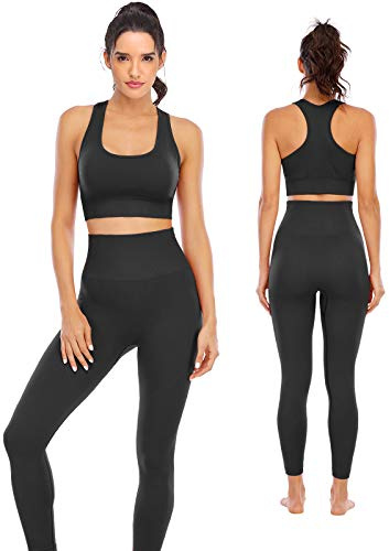 NOVA ACTIVE Workout-Sets für Frauen, 2-teilig, hohe Taille, nahtlose Leggings mit gepolstertem, dehnbarem Sport-BH, Yoga-Outfit, Fitnesskleidung - Schwarz - Medium