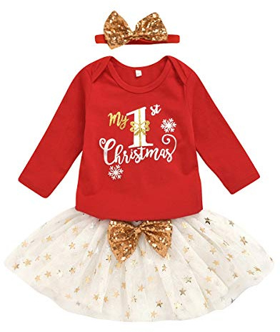 Verve Jelly Set di gonna natalizia per bambina Il mio primo pagliaccetto stampato con lettera di Natale Top + Gonna tutu + Fascia per capelli con fiocco Set di vestiti 3 pezzi