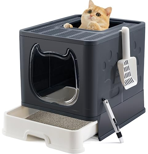 Caja de Arena Plegable para Gatos con Tapa, Caja de Arena Cubierta para Gatitos con Cuchara de Arena para Gatitos y Cepillo 2 en 1, Bandeja de Arena fácil de Limpiar, Caja de Arena Cerrada para Gatos