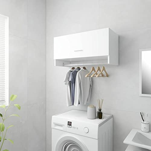 Armadio da Parete Bianco, Organizer per Indumenti con Barra Appendiabiti, 70 x 32,5 x 35 cm, in Legno Multistrato, Mobile Contenitore Funzionale per Bagno Cucina e Zona Lavanderia