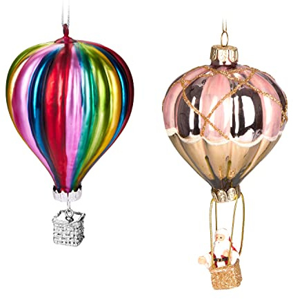 BRUBAKER 2 TLG. Baumkugel Set - Heißluftballon | Weihnachtsmann im Ballon und Bunte Ballonfahrt - Handbemalter Christbaumschmuck aus Glas Lustig - Deko Baumanhänger