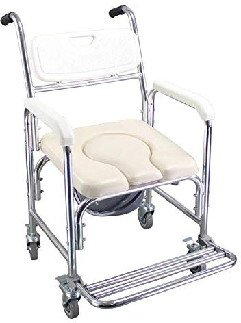 Commode de Chevet de Douche avec accoudoirs avec Ligne de santé, Toilette avec Chaise de Douche à roulettes à roulettes (Freins à 4 Roues), siège et Dossier de siège de Toilette, avec baquet