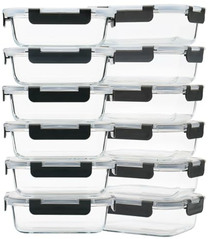 GULFLIN 12 Pack, 22 oz Glass Meal Prep Containers with Lids, Gray Set