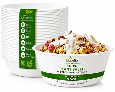 50 Pack - 24 Oz/750 ml, Bagasse Bowls, Biodegradable and Compostable, Eco-Friendly White Sugarcane Paper Bowls Perfect for Milk Cereals Snacks Salads Picnics & BBQ Parties