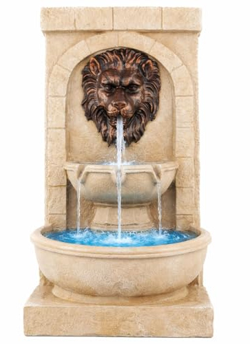 Gardenwize -Solar Powered Lion Head Water Feature Fountain | Stone Effect Weatherproof Resin, Easy Installation | Low Maintenance, Outdoor Patio Garden