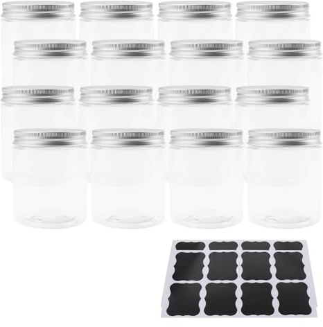 ZEONHEI Confezione da 16 barattoli in plastica da 500 ml con coperchi in alluminio, barattoli trasparenti per alimenti con adesivi, contenitori vuoti per alimenti, per caramelle, noci, perline,
