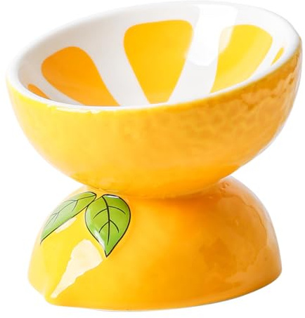 fanquare Katzennapf Keramik Erhöht mit 15° Neigendem Design, Futternapf Katze mit Gelbe Zitrone Muster, Futternäpfe für Katzen Essen Schale Katzennäpfe 180 ml