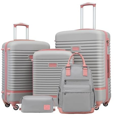 COOLIFE Koffer Trolley Koffer Reisekoffer von ABS Hartschalen Trolley 4 Rollen TSA-Schloss Der Koffer Enthält 1 Reiserucksack und 1 Kulturbeutel (Grau/Rosa, Koffer-Set 5tlg)
