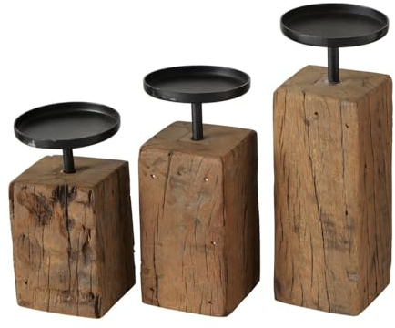 ReWu Kerzenleuchter Solea 3-teilig Eisenbahnschwellenholz | Unterschiedliche Höhen, Eisen Natur Schwarz Holz, 15cm/17,5cm/22cm