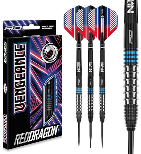 RED DRAGON Vengeance Blue 24 Gramm Premium Wolfram Steeltip Dart Set mit Flights und Schäften