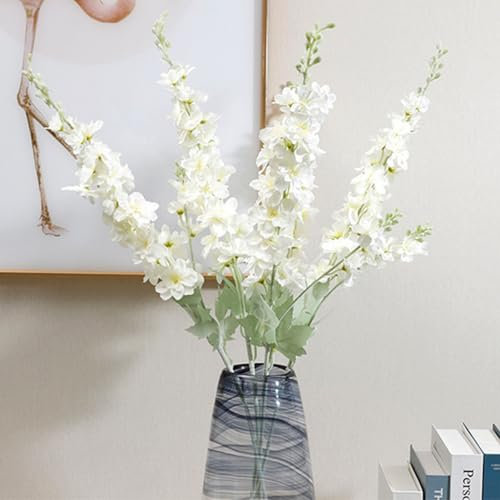 NatureMan 5 pcs Artificial Delphinium Ajacis Flowers,34 Long Stem Fake Larkspur Silk Flower Table Kitchen Home Garden Party Wedding Decoration (White)