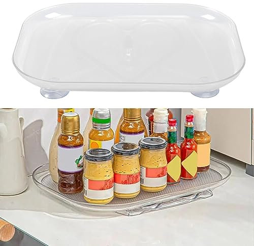 Fyearfly Kylskåp skivspelare organisatör, 26 x 35 cm transparent skivspelare kylskåpsbricka akryl avtagbar 360 graders roterbar rektangulär, för kökskylskåp