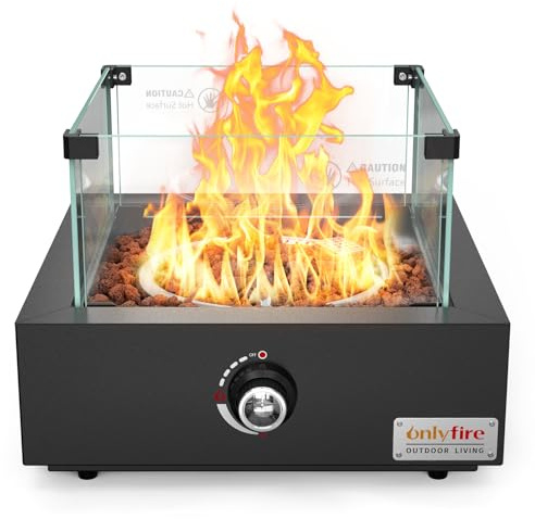 Onlyfire FP040 - Hoguera de gas de mesa con protector de viento de vidrio y rocas de lava, chimenea portátil sin humo para exteriores, chimenea de propano montada en el lateral para patio, fiesta de
