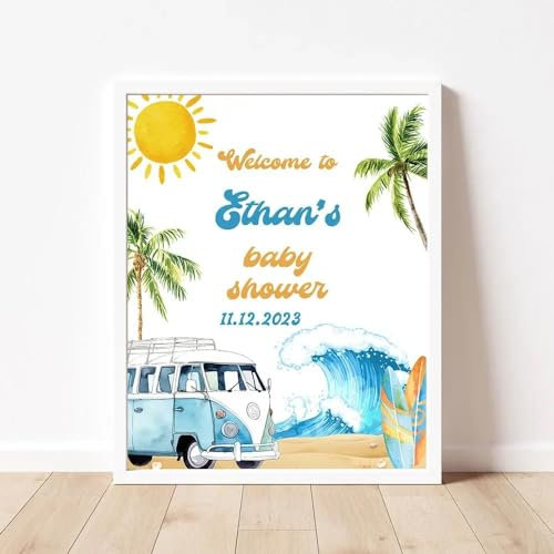 Benutzerdefinierter Kunstdruck Auf Leinwand, Geburtstags-Willkommensschild, Camper-Van-Poster, Surfen, Babyparty, Taufe-Wandbild, Party-Dekoration 50X70Cm Kein Rahmen